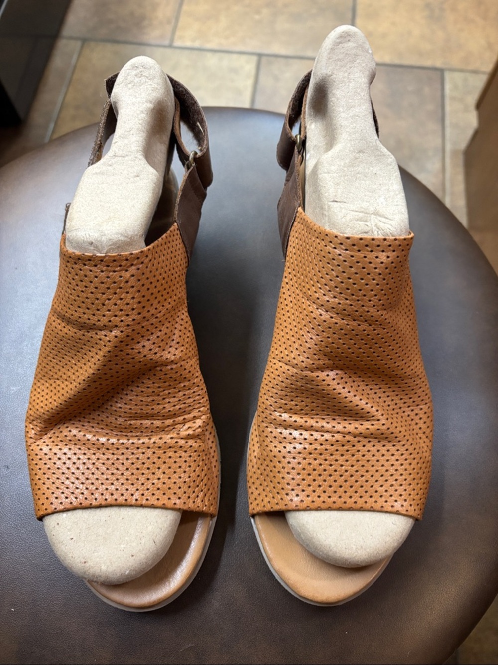 Spring Step Perforated Tan Leather Slingback Clogs